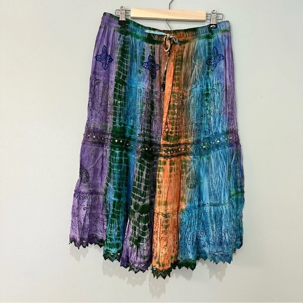 Charlie Paige Vintage Indian Size L/XL Midi Skirt Boho Flowy Crinkle Multicolor
